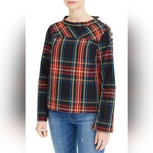 J CREW sz 4 Blouse Tartan Jeweled Shoulder High Low Stewart Plaid Red Black +